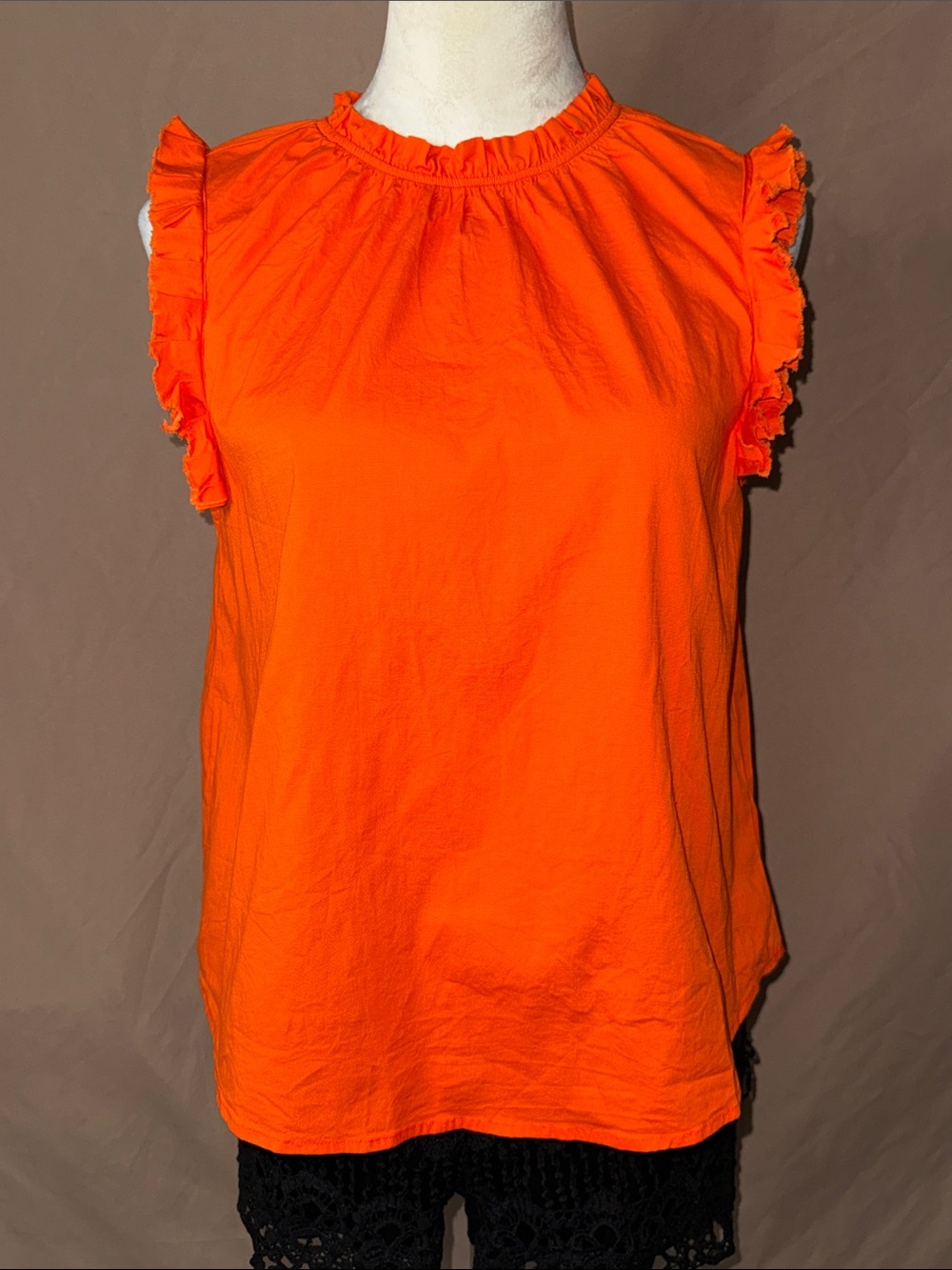 Pleat Sleeve Sleeveless Ruffle Neck Top - Bright Orange